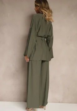 Ciemnozielony Komplet z Wiskozy Spodnie o Szerokim Kroju i Bluzka z Wiązaniem Livelia