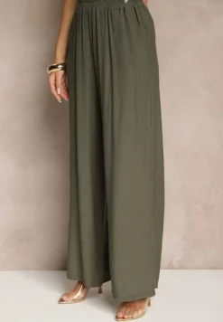 Ciemnozielony Komplet z Wiskozy Spodnie o Szerokim Kroju i Bluzka z Wiązaniem Livelia