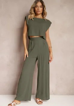 Ciemnozielony Komplet z Wiskozy Proste Szerokie Spodnie i Bluzka z Guzikiem Vimarells