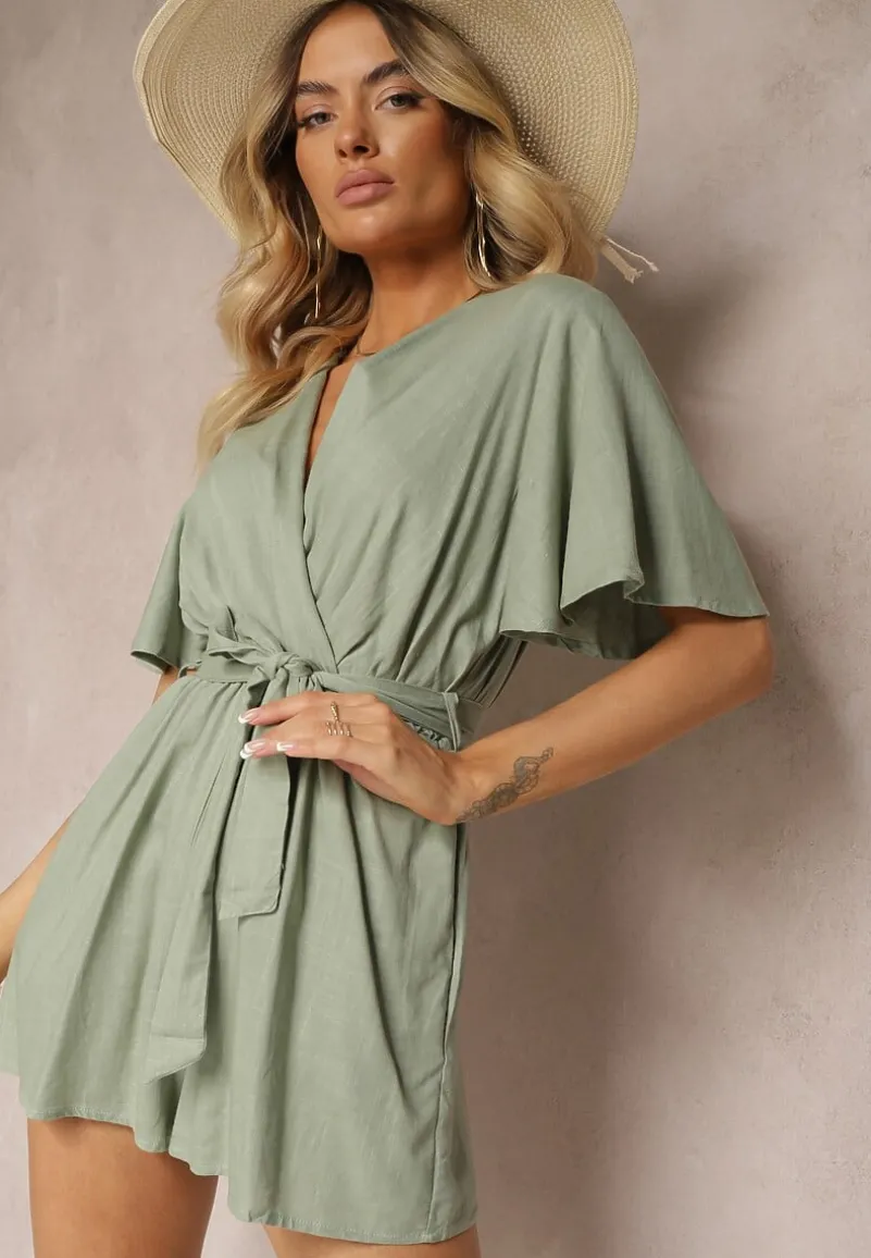 Ciemnozielony Kopertowy Kombinezon z Bawełny Wiązany w Talii Materiałowym Paskiem Vikly