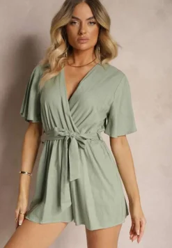 Ciemnozielony Kopertowy Kombinezon z Bawełny Wiązany w Talii Materiałowym Paskiem Vikly