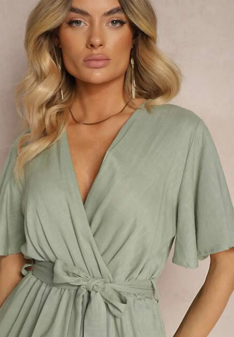 Ciemnozielony Kopertowy Kombinezon z Bawełny Wiązany w Talii Materiałowym Paskiem Vikly