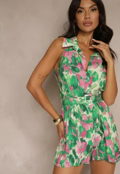 Ciemnozielony Koszulowy Kombinezon Bez Rękawów z Wiskozą z Paskiem Tolinassa