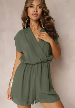 Ciemnozielony Krótki Kombinezon z Kopertowym Dekoltem z Wiskozy Ariamia