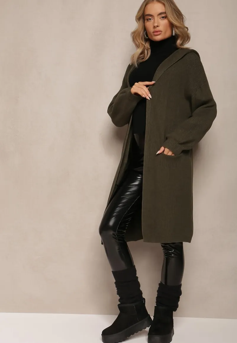 Ciemnozielony Niezapinany Kardigan z Kapturem Fatimanes