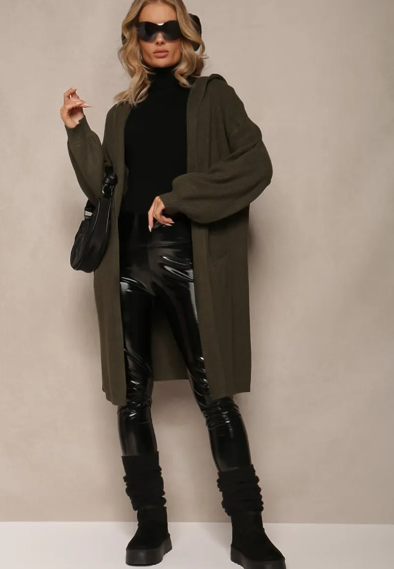 Ciemnozielony Niezapinany Kardigan z Kapturem Fatimanes