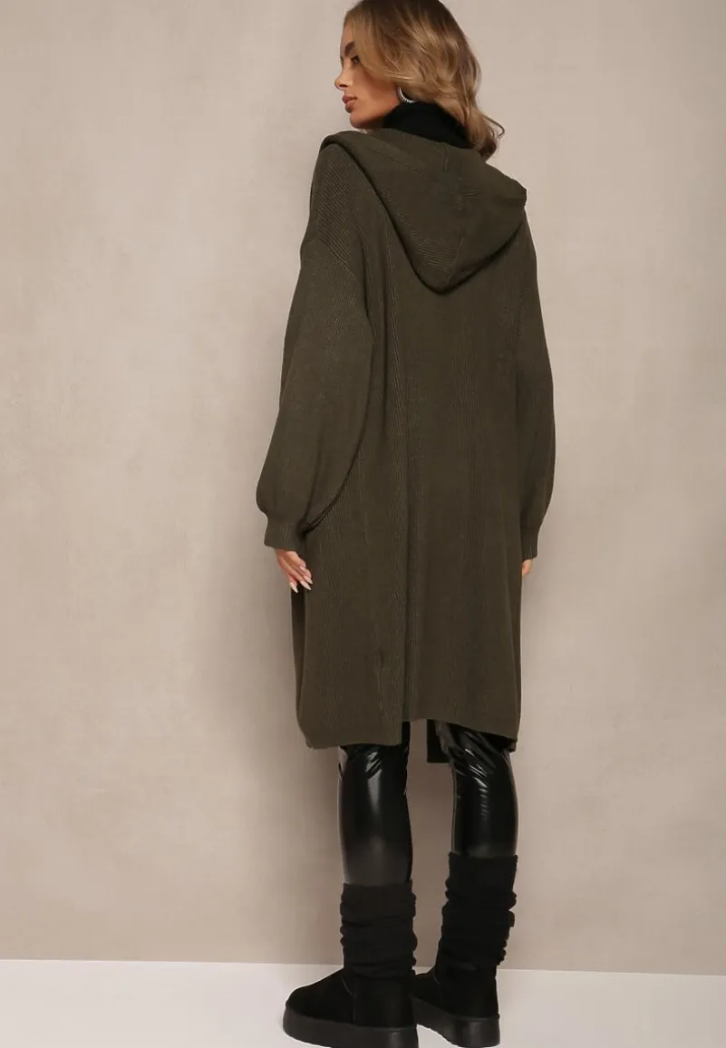 Ciemnozielony Niezapinany Kardigan z Kapturem Fatimanes