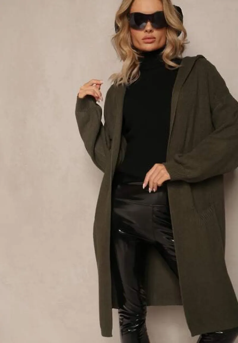 Ciemnozielony Niezapinany Kardigan z Kapturem Fatimanes