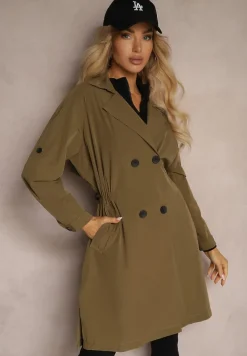 Ciemnozielony Płaszcz Dwurzędowy z Dodatkiem Bawełny Wykończony Paskiem i Rękawami z Regulacją Mevessa