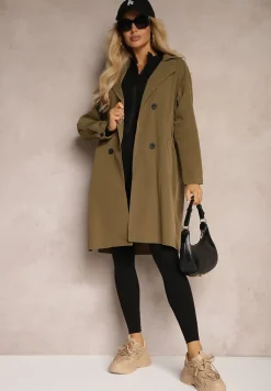 Ciemnozielony Płaszcz Dwurzędowy z Dodatkiem Bawełny Wykończony Paskiem i Rękawami z Regulacją Mevessa