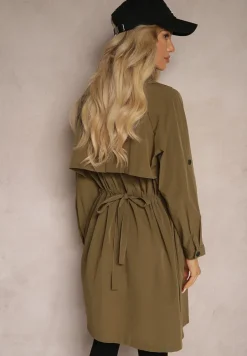 Ciemnozielony Płaszcz Dwurzędowy z Dodatkiem Bawełny Wykończony Paskiem i Rękawami z Regulacją Mevessa