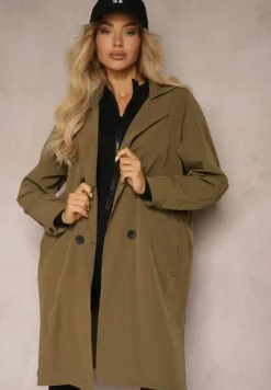 Ciemnozielony Płaszcz Dwurzędowy z Dodatkiem Bawełny Wykończony Paskiem i Rękawami z Regulacją Mevessa