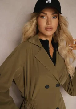 Ciemnozielony Płaszcz Dwurzędowy z Dodatkiem Bawełny Wykończony Paskiem i Rękawami z Regulacją Mevessa