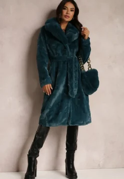 Ciemnozielony Płaszcz Futrzany Teddy z Wiązanym Paskiem i Torebką Voda
