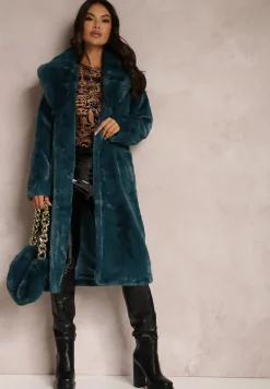 Ciemnozielony Płaszcz Futrzany Teddy z Wiązanym Paskiem i Torebką Voda