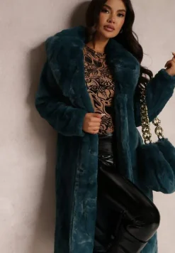Ciemnozielony Płaszcz Futrzany Teddy z Wiązanym Paskiem i Torebką Voda