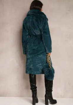 Ciemnozielony Płaszcz Futrzany Teddy z Wiązanym Paskiem i Torebką Voda