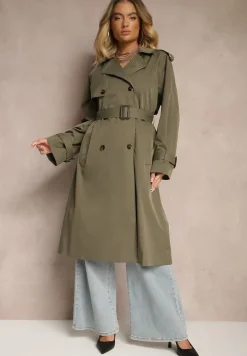 Ciemnozielony Płaszcz Trencz Dwurzędowy z Paskiem Lene