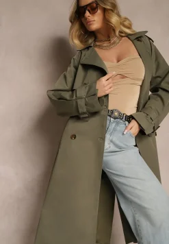 Ciemnozielony Płaszcz Trencz Dwurzędowy z Paskiem Lene