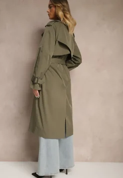 Ciemnozielony Płaszcz Trencz Dwurzędowy z Paskiem Lene
