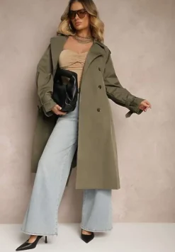 Ciemnozielony Płaszcz Trencz Dwurzędowy z Paskiem Lene