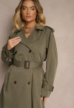 Ciemnozielony Płaszcz Trencz Dwurzędowy z Paskiem Lene