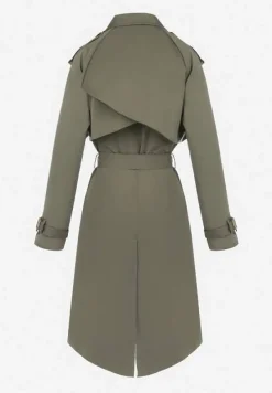 Ciemnozielony Płaszcz Trencz Dwurzędowy z Paskiem Lene