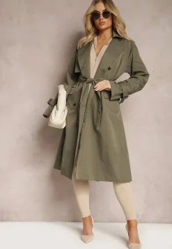 Ciemnozielony Płaszcz Trencz Dwurzędowy Taliowany Paskiem z Patkami na Rękawach Diore