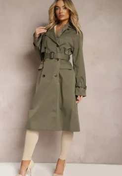 Ciemnozielony Płaszcz Trencz Dwurzędowy Taliowany Paskiem z Patkami na Rękawach Diore