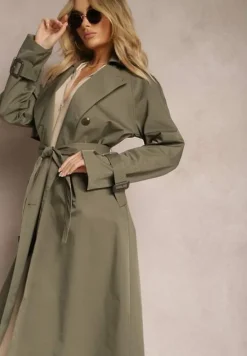 Ciemnozielony Płaszcz Trencz Dwurzędowy Taliowany Paskiem z Patkami na Rękawach Diore
