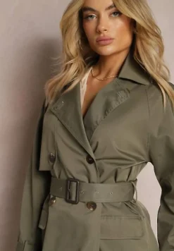 Ciemnozielony Płaszcz Trencz Dwurzędowy Taliowany Paskiem z Patkami na Rękawach Diore