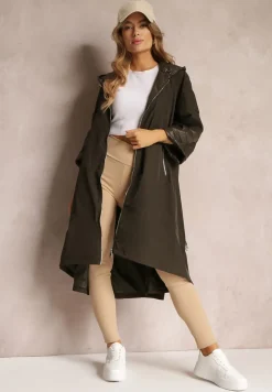 Ciemnozielony Płaszcz z Kapturem i Dłuższym Tyłem Kemiah