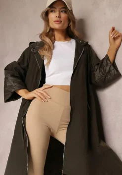 Ciemnozielony Płaszcz z Kapturem i Dłuższym Tyłem Kemiah