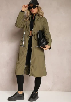 Ciemnozielony Płaszcz z Regulowaną Długością i Ozdobnymi Wstawkami Nainika