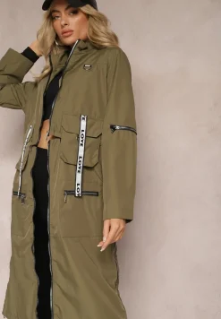 Ciemnozielony Płaszcz z Regulowaną Długością i Ozdobnymi Wstawkami Nainika