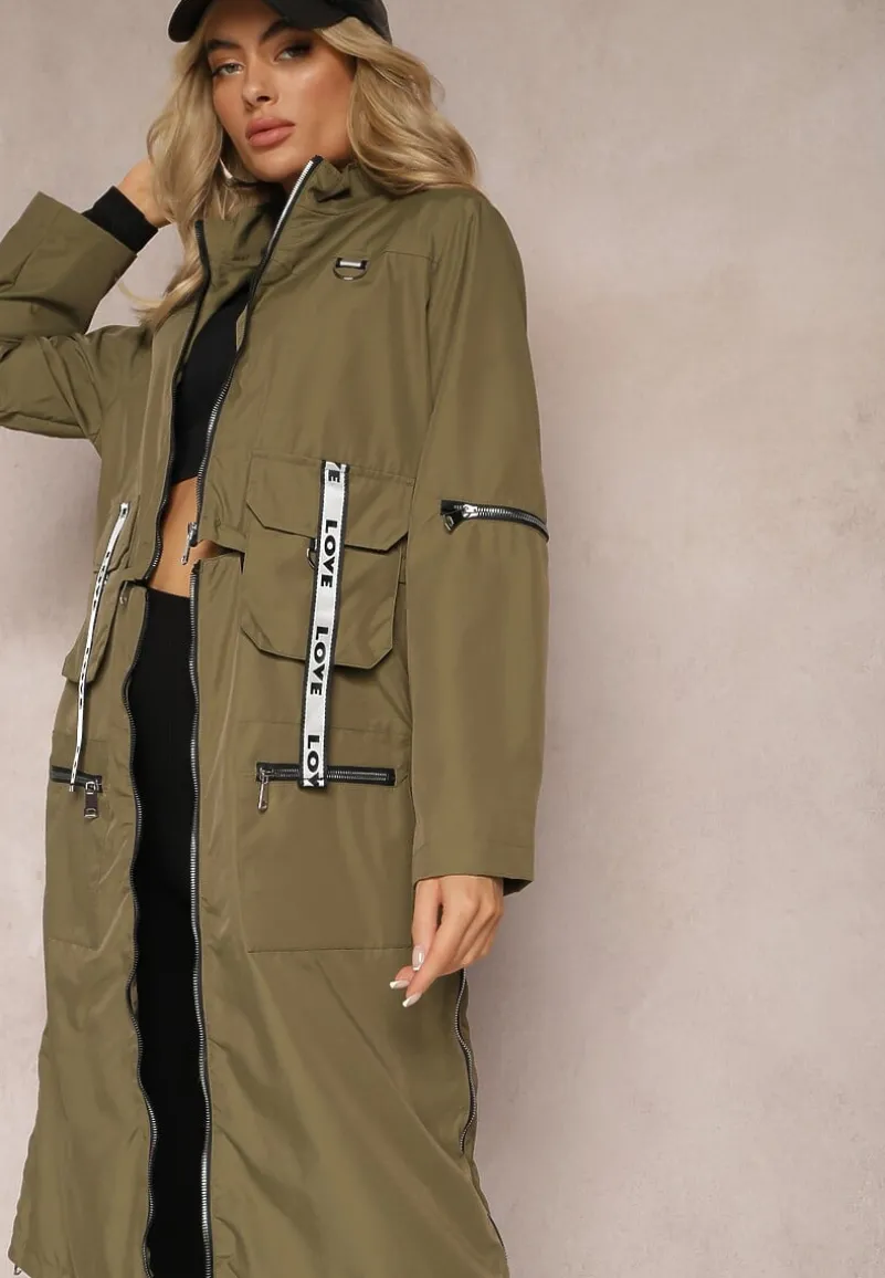 Ciemnozielony Płaszcz z Regulowaną Długością i Ozdobnymi Wstawkami Nainika