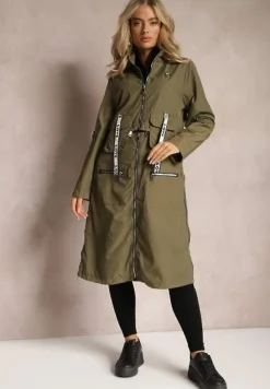 Ciemnozielony Płaszcz z Regulowaną Długością i Ozdobnymi Wstawkami Nainika