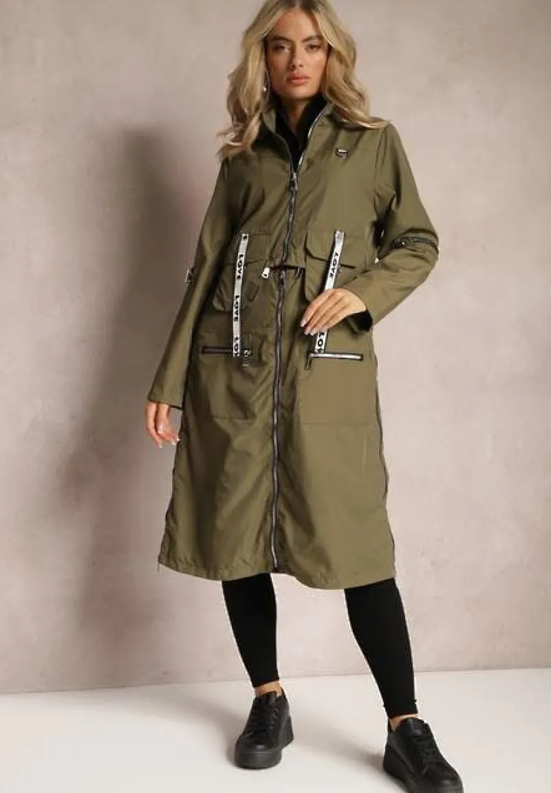 Ciemnozielony Płaszcz z Regulowaną Długością i Ozdobnymi Wstawkami Nainika