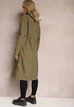 Ciemnozielony Płaszcz z Regulowaną Długością i Ozdobnymi Wstawkami Nainika