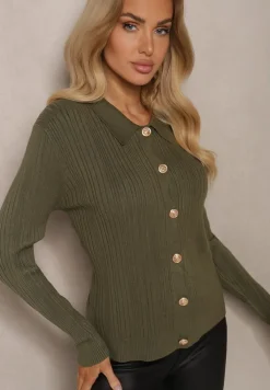 Ciemnozielony Rozpinany Kardigan z Modalem Wiskozą i Kołnierzykiem z Prążkowanego Materiału Zeanirra