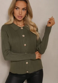 Ciemnozielony Rozpinany Kardigan z Modalem Wiskozą i Kołnierzykiem z Prążkowanego Materiału Zeanirra