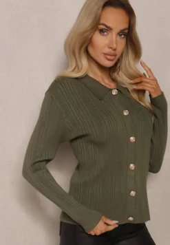 Ciemnozielony Rozpinany Kardigan z Modalem Wiskozą i Kołnierzykiem z Prążkowanego Materiału Zeanirra