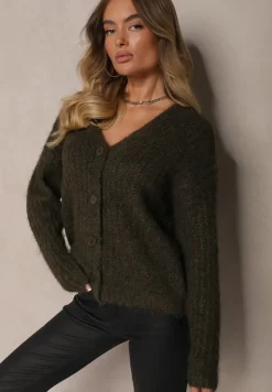 Ciemnozielony Rozpinany Kardigan z Wełną i Ściągaczami przy Rękawach Ciarella