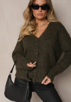 Ciemnozielony Rozpinany Kardigan z Wełną i Ściągaczami przy Rękawach Ciarella