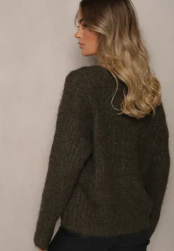 Ciemnozielony Rozpinany Kardigan z Wełną i Ściągaczami przy Rękawach Ciarella