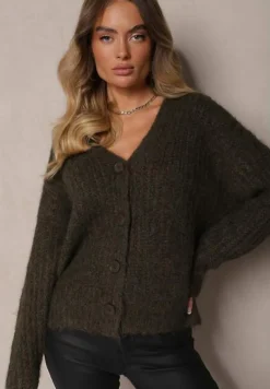 Ciemnozielony Rozpinany Kardigan z Wełną i Ściągaczami przy Rękawach Ciarella