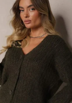 Ciemnozielony Rozpinany Kardigan z Wełną i Ściągaczami przy Rękawach Ciarella