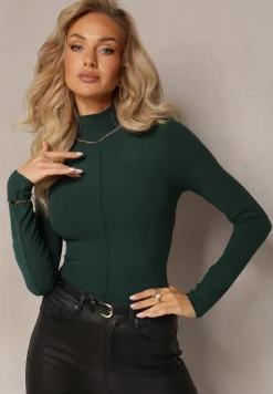 Ciemnozielony Sweter Golf z Ozdobnym Przeszyciem Dayshawn