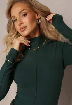 Ciemnozielony Sweter Golf z Ozdobnym Przeszyciem Dayshawn