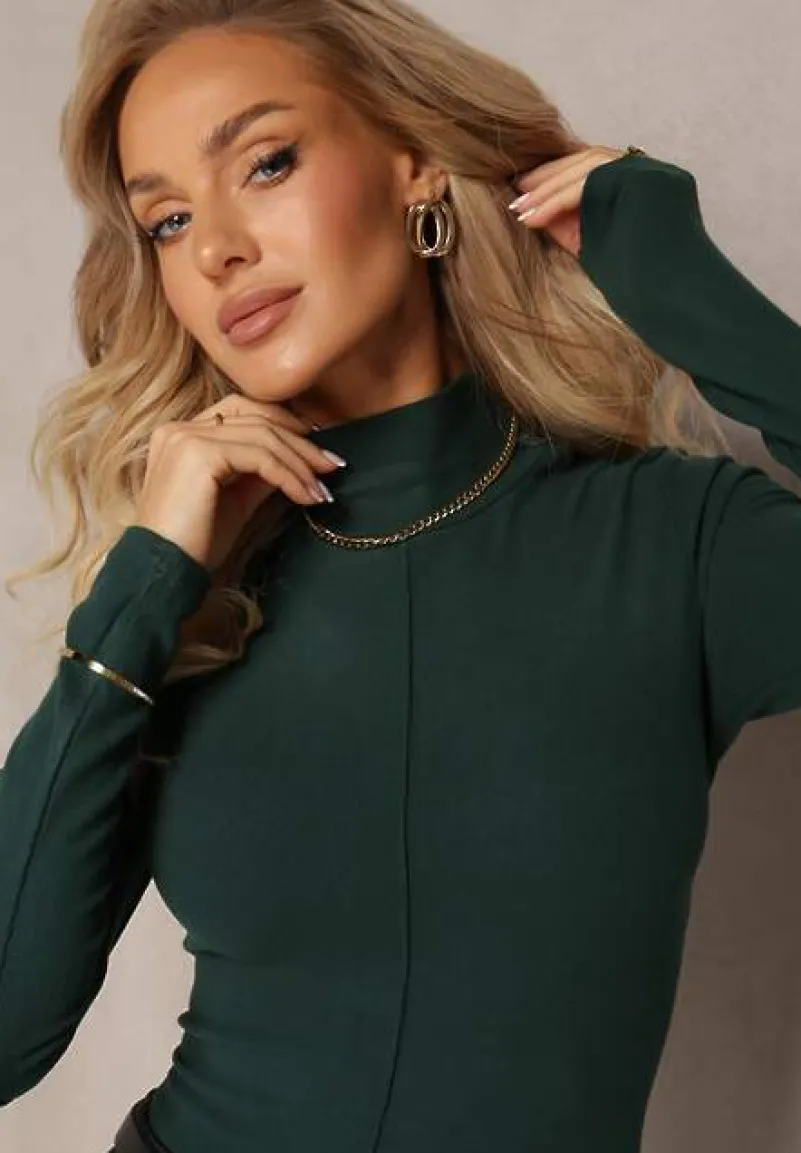 Ciemnozielony Sweter Golf z Ozdobnym Przeszyciem Dayshawn